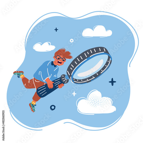 Vector illustration of boy. look through magnifying glass. Searching and researches concept