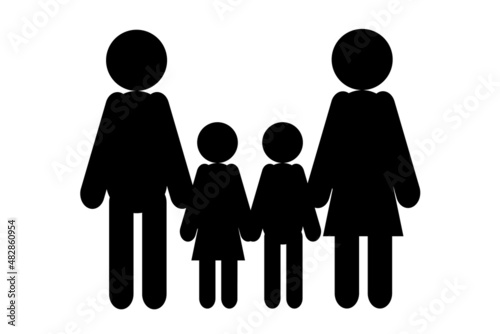 Black family icon, woman, man and two kids, isolated on white background