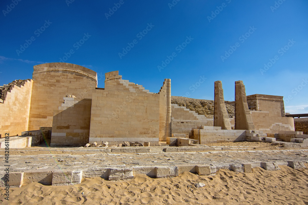 The ruins of Heb-Seb Court as seen from the Great South Court near the Step pyramid of Djoser (oldest egyptian pyramid), part of Saqqara necropolis, south of Cairo, Egypt, Africa.