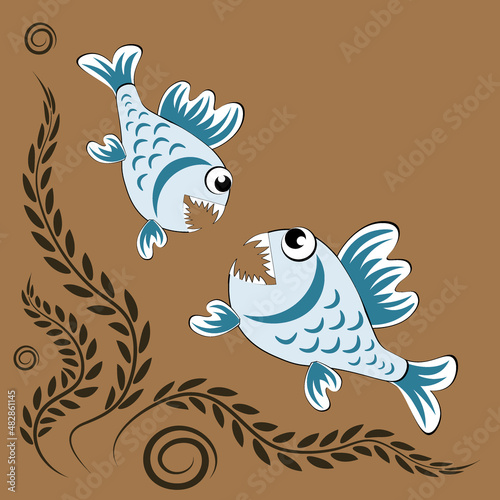 predatory evil piranha fish. Fabulous underwater world. Styling, cartoon style