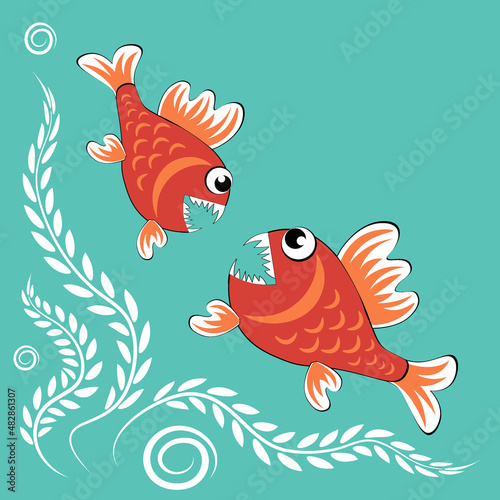 predatory evil piranha fish. Fabulous underwater world. Styling, cartoon style