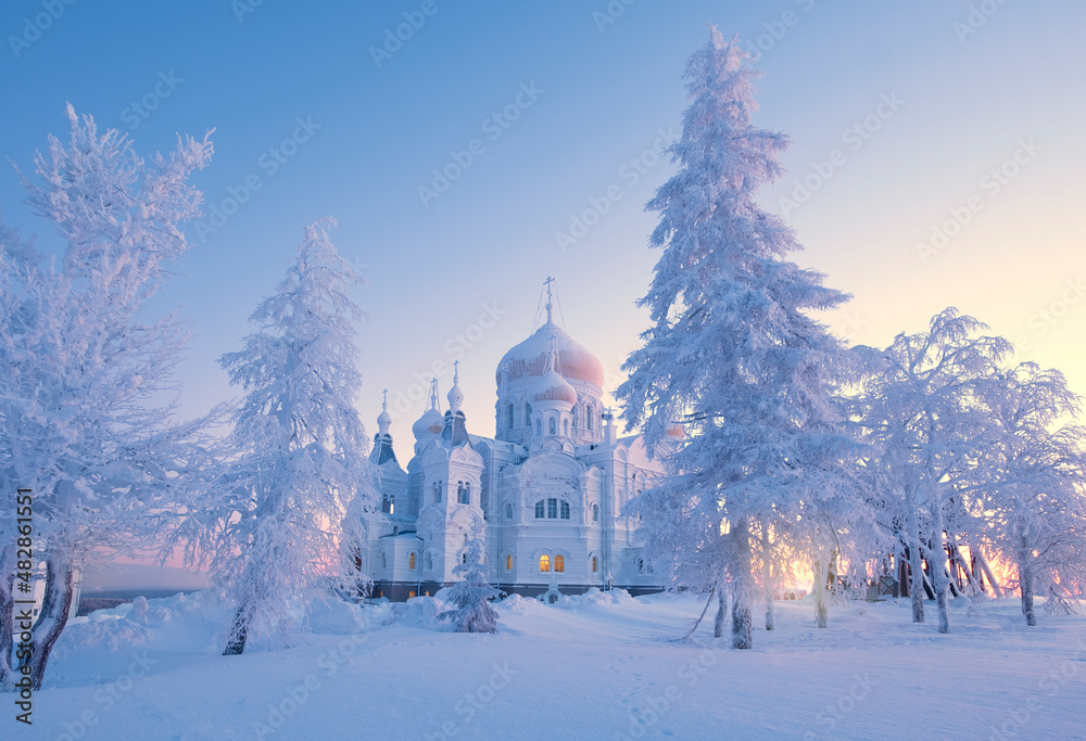 Belogorsky monastery in winter at dawn in Perm region, Russia Belogorsky monastery in winter at dawn in Perm region, Russia