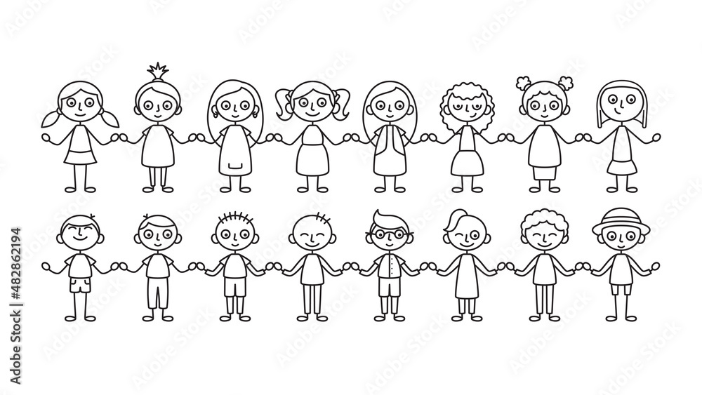 Vector simple black line girl and boy holding hands. Isolated on white background. Isolated on white background. Vector simple black line girl and boy holding hands. Isolated on white background. Isolated on white background.