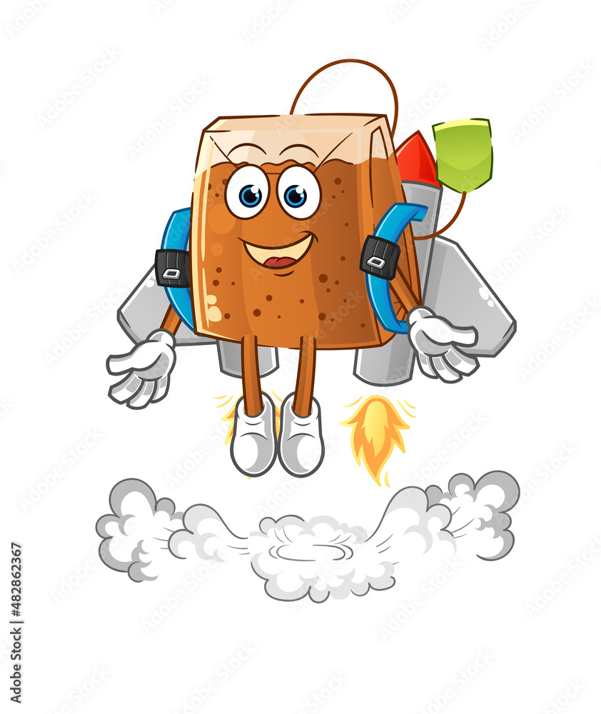 tea bag with jetpack mascot. cartoon vector