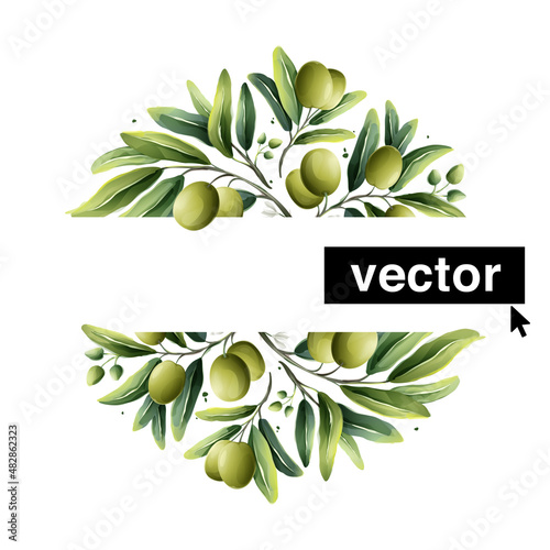 Beautiful watercolor olive premade logo template. Vector illustration of Mediterranean berries, green leaves, flowers, buds, and branches.