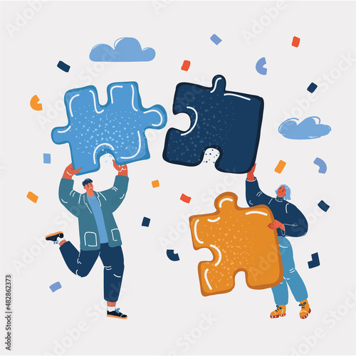 Vector illustration of Business concept. Team metaphor. People connecting puzzle elements. Teamwork, cooperation, partnership.