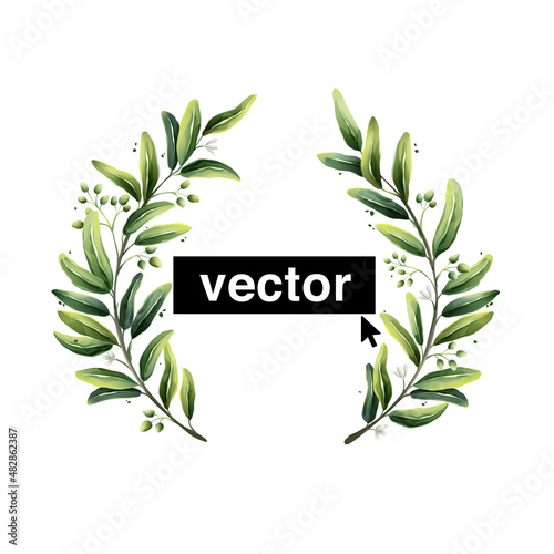 Vector olive wreath watercolor style illustration. Set of mediterranean berries, green leaves, flowers, buds, and branches.