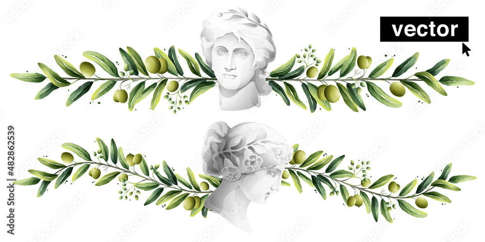 Vector watercolor divider and border. Olives with antique Italian god bust. Illustration of Mediterranean berries, green leaves, flowers, buds, and branches. - obrazy, fototapety, plakaty 