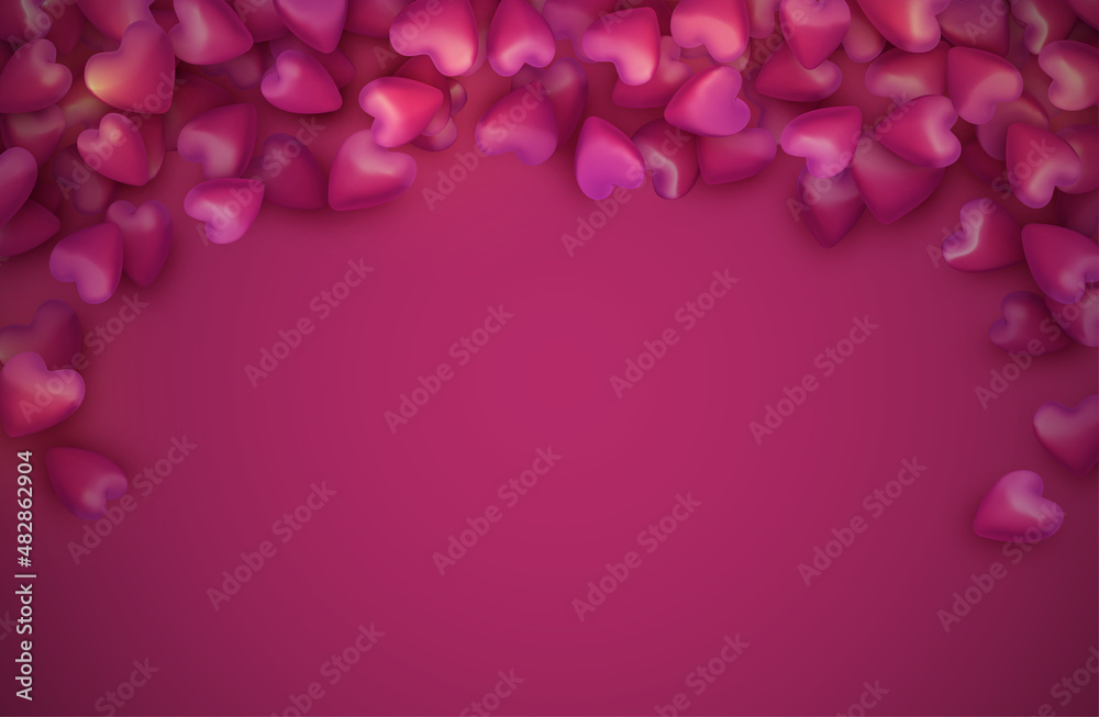 3d pink falling hearts on pink background. Hearts like candy.