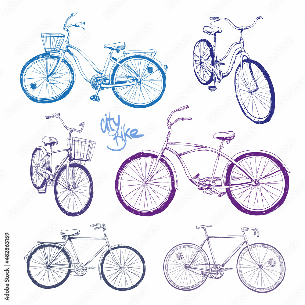 Set of hand drawn city bike, vector illustration