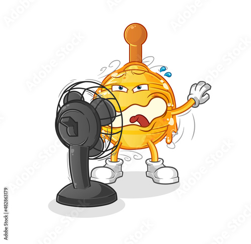 wooden honey dipper in front of the fan character. cartoon mascot vector