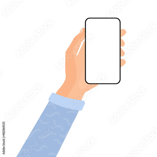 Hand holds phone with white screen on isolated background.