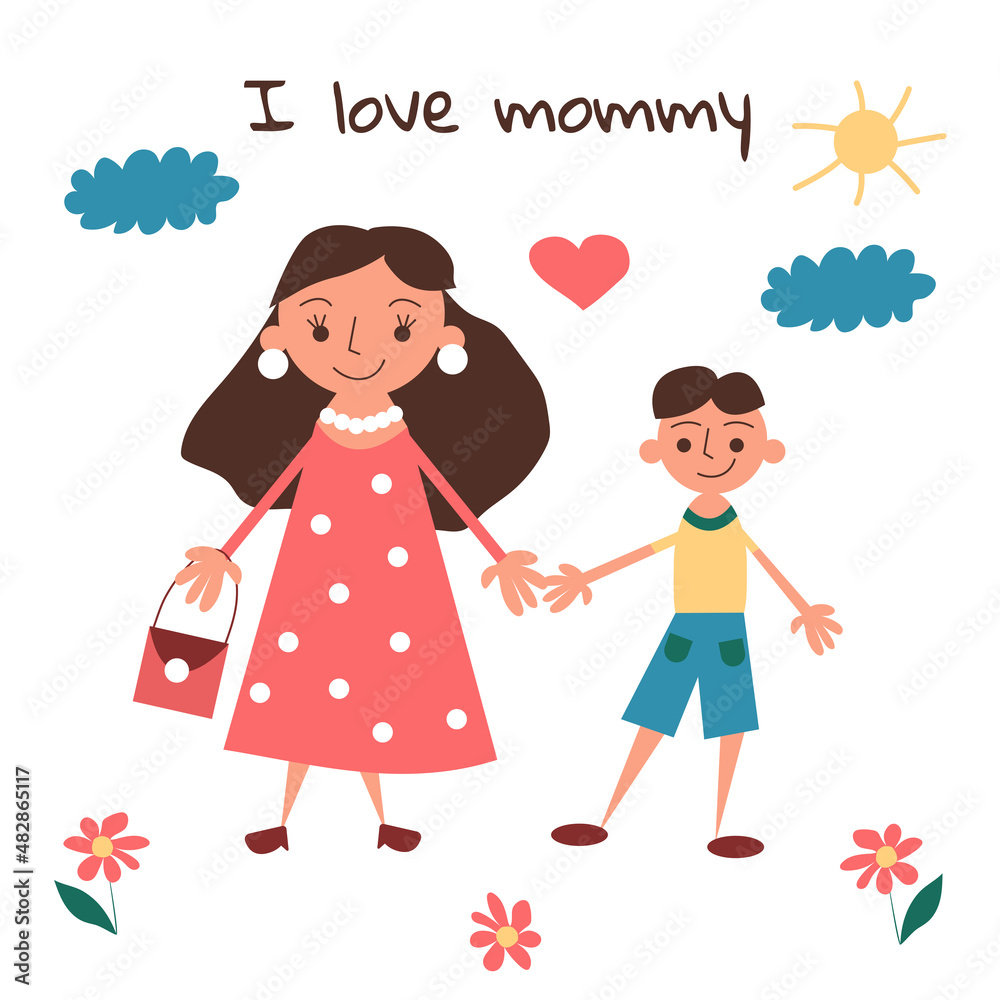 Happy mom and son smiling outside. Children's drawing of a family. Cartoon cute kids flat style. I love Mom. Trendy bright cute colors. Isolated object on a white background. Happy mom and son smiling outside. Children's drawing of a family. Cartoon cute kids flat style. I love Mom. Trendy bright cute colors. Isolated object on a white background.