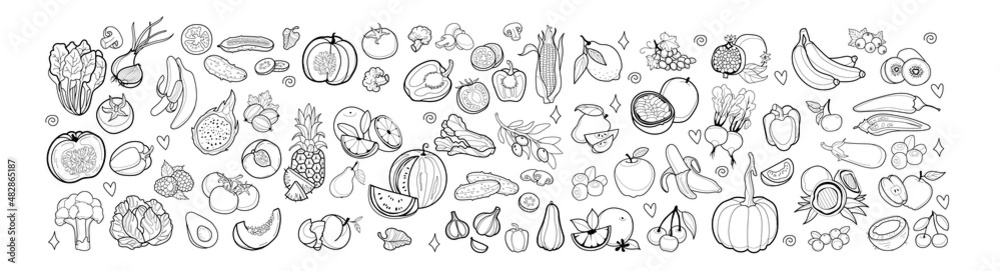 Big set of graphic vector vegetables, fruits, greens and berries. Black lines, sliced vegetables and fruits. For design and patterns. Big set of graphic vector vegetables, fruits, greens and berries. Black lines, sliced vegetables and fruits. For design and patterns.