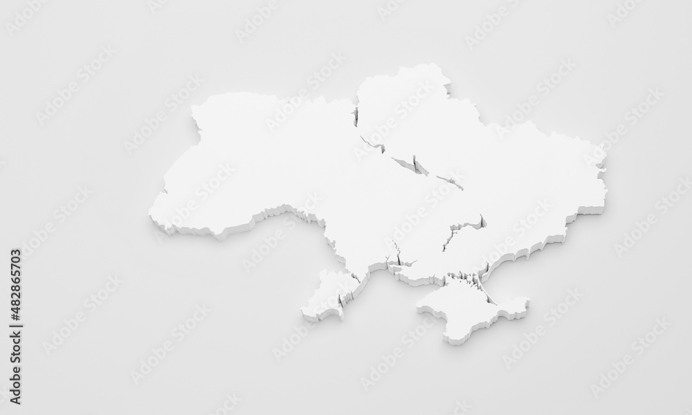 3D Render Silhouette of Ukraine Isolated on White Background. Graphic Resources, Copy Space, Geography and Geopolitics Concept. Clean and Minimalist Design. Horizontal Template.