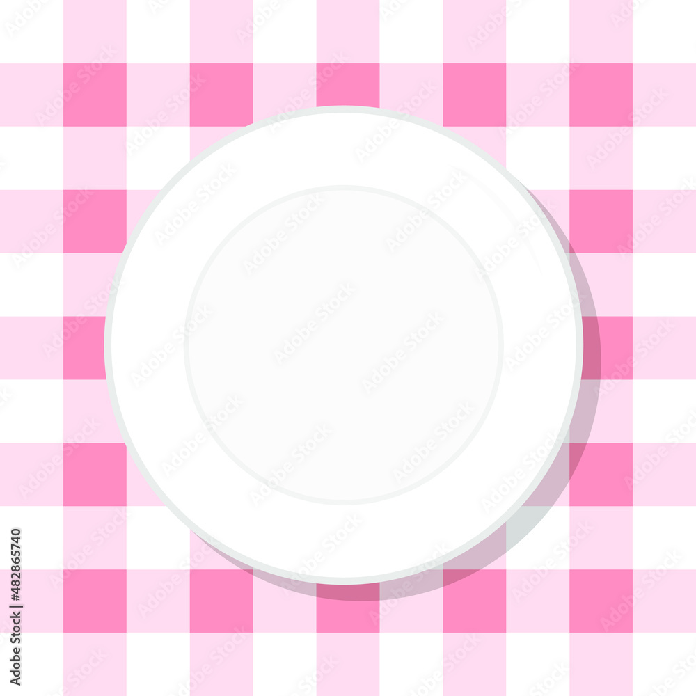 Empty plate on retro red tablecloth healthy diet meal. Vector illustration. Simple flat stock image. Template healthy food nutrition plate