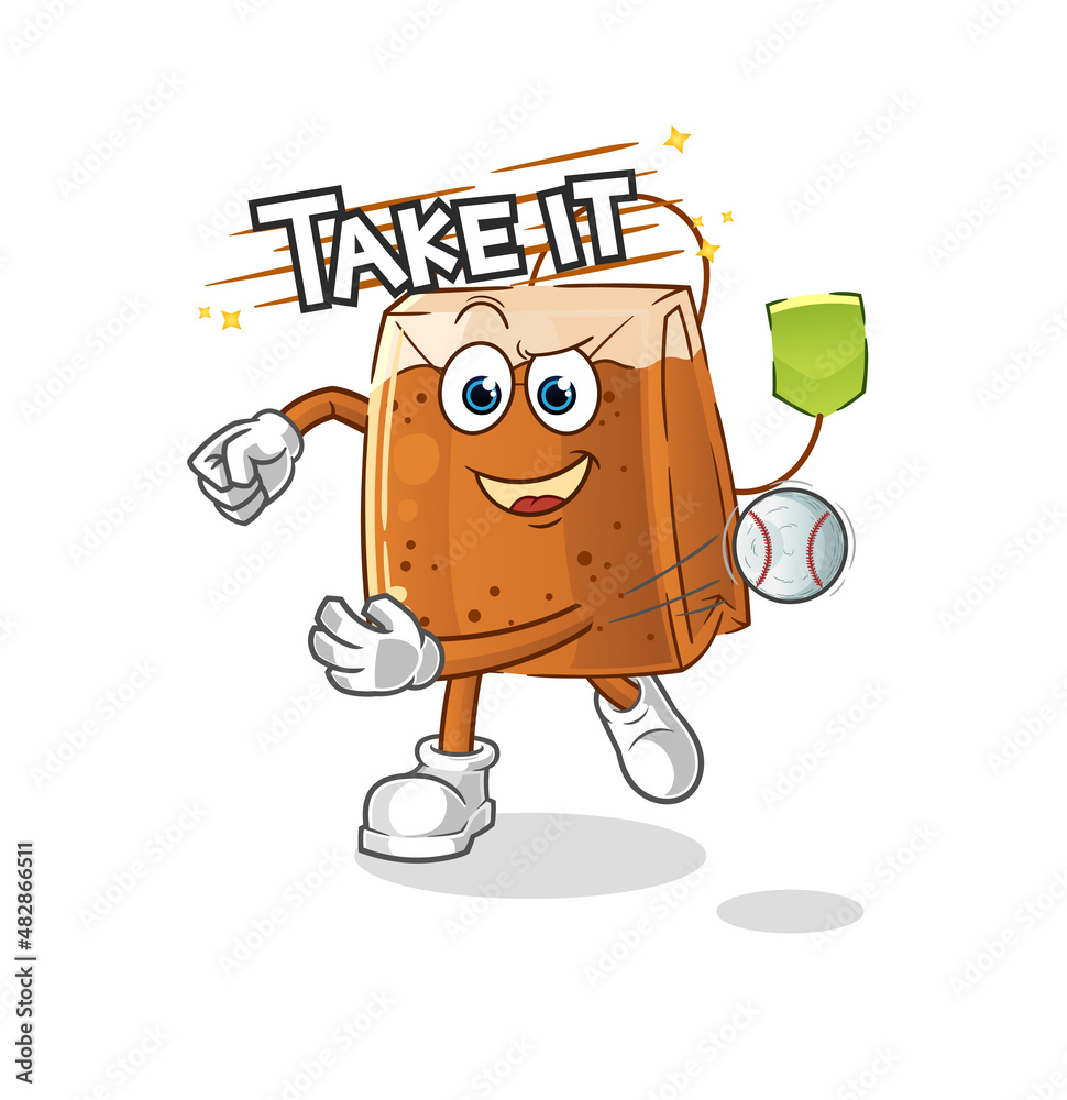 tea bag throwing baseball vector. cartoon character