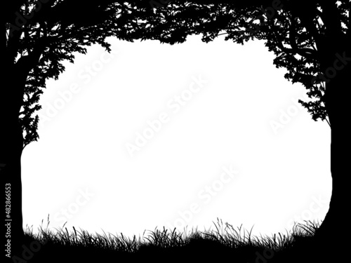 Bordered frame in the form of a window with view from a forest.