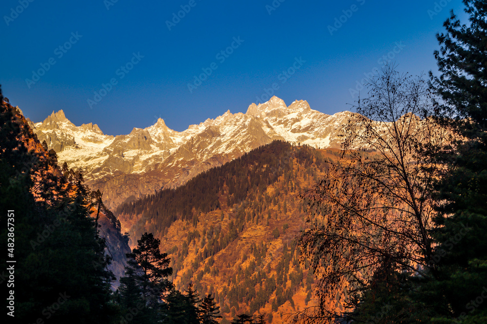 Golden Himalayan Peaks viewed from Kasol Parvati Valley India