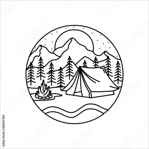 Vector mountains logo. Line art. Moon, stars and campfire. Black and white landscape. Camping, hiking symbol. Hand drawn travel illustration. Line icon. Sunset.
