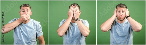 Tableau sur toile middle aged man with grey t-shirt and grey hair is posing in front of green back