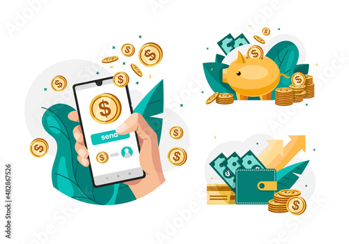 A set of illustrations in a flat style for a bank. Images for social networks, posters.