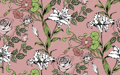 Seamless abstract pattern. Flowers. Pink background.