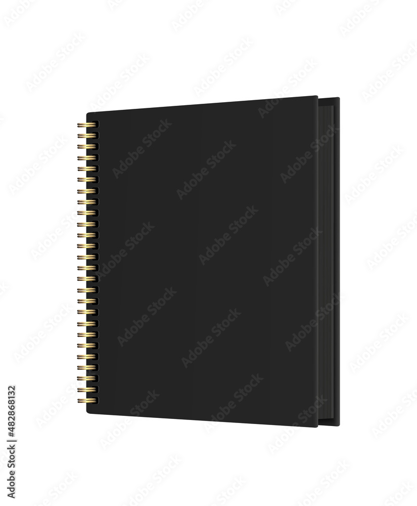 Black Photo album or book with black pages and golden spirals. Vector realistic Mockup. Empty Template. Standing closed book with hardcover. EPS10.