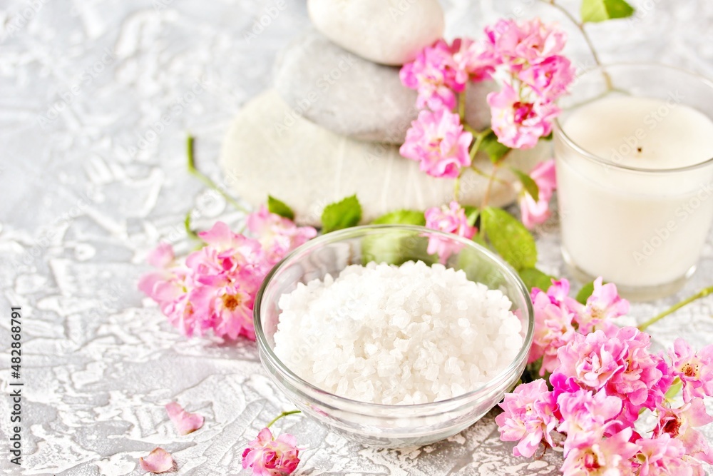 spa aroma salt with essential oil, Spa and bath homemade cosmetics, copy space, place for text, soft focus,