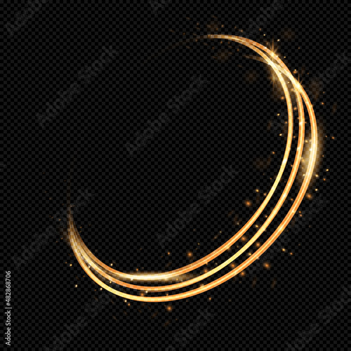 Dynamic golden lines with glow effect. Rotating shiny rings on a transparent background
