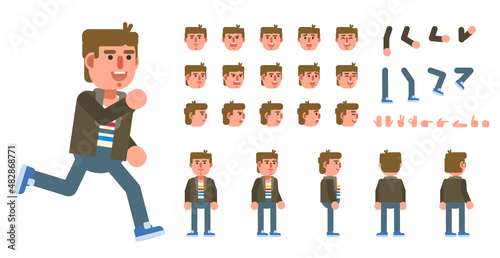 Creation kit of a trendy man in casual outift. Modern vector illustration. Create your own pose, action, animation