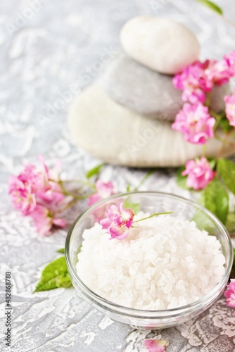 spa aroma salt with essential oil, Spa and bath homemade cosmetics, copy space, place for text, soft focus,