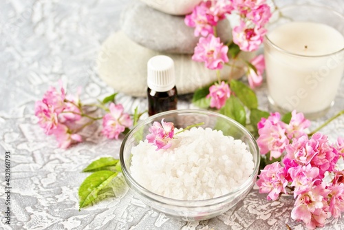 spa aroma salt with essential oil  Spa and bath homemade cosmetics  copy space  place for text  soft focus 