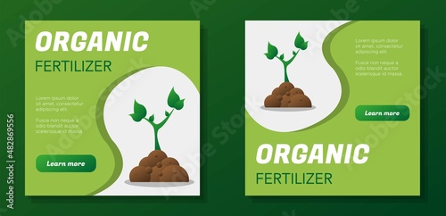 Organic fertilizer social media post banner set, ecologic biological plants advertisement concept, no pesticides shop marketing square ad, manure soil flyer, leaflet, isolated