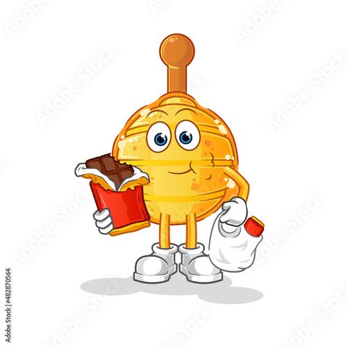 wooden honey dipper eat chocolate mascot. cartoon vector