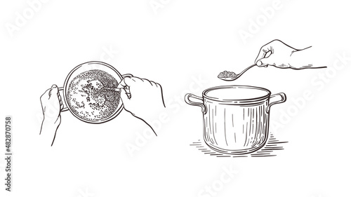 Set cooking. Vector hand drawn top and side view