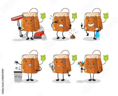 tea bag cleaning group character. cartoon mascot vector