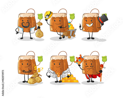 tea bag rich group character. cartoon mascot vector