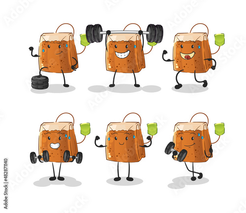 tea bag exercise set character. cartoon mascot vector
