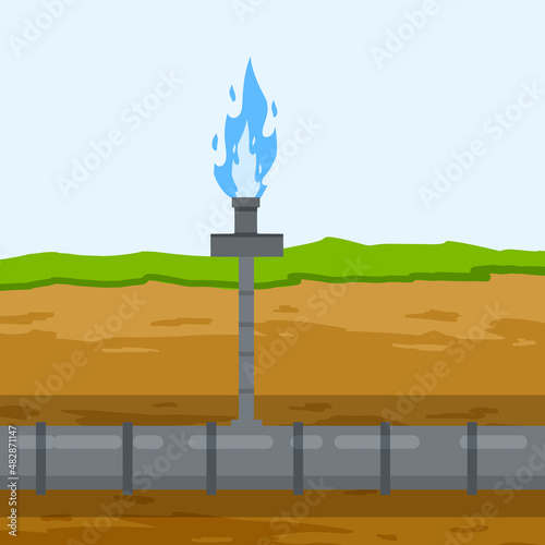 Gas pipeline and equipment. Gasmain with blue fire. Industrial transportation of gas in pipe underground. Cross-sectional view. Flat infographics