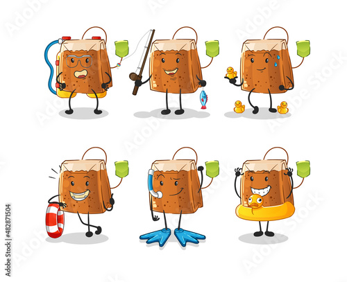 tea bag water activity group. cartoon mascot vector