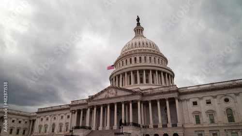 A daytime time-lapse of clouds passing over the east side of the United States Capitol Building in Washington, DC. The camera pans from left to right. photo