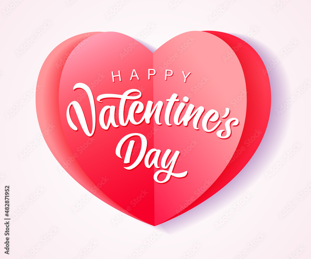 Happy Valentine's Day greeting card concept. Paper 3D style pink colored heart shape icon with decorative calligraphic lettering. Isolated abstract graphic design template. Creative modern congrats. 