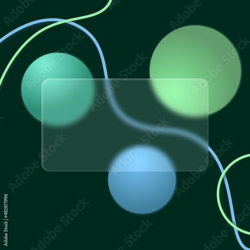 Transparent and blurred frame or business card in glassmorphism style with blue and green 3d circles and curved lines on dark background. Frosted glass effect background. Sale banner.