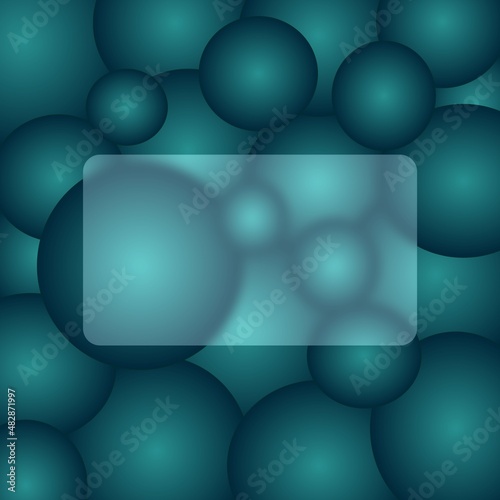 Transparent and blurred frame or business card in glassmorphism style with dark blue 3d circles on the background. Frosted glass effect background.