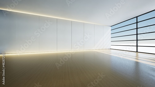 house with big glass window and wooden floor