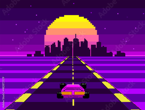 Retrowave Race Arcade game in Pixel Art vector background in retro 80s - 90s style. 8-bit Pixel synthwave graphics with night neon city background with racing track	
