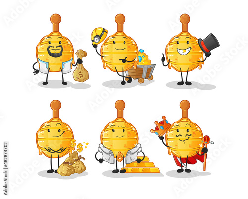 wooden honey dipper rich group character. cartoon mascot vector