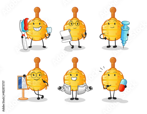 wooden honey dipper doctor group character. cartoon mascot vector