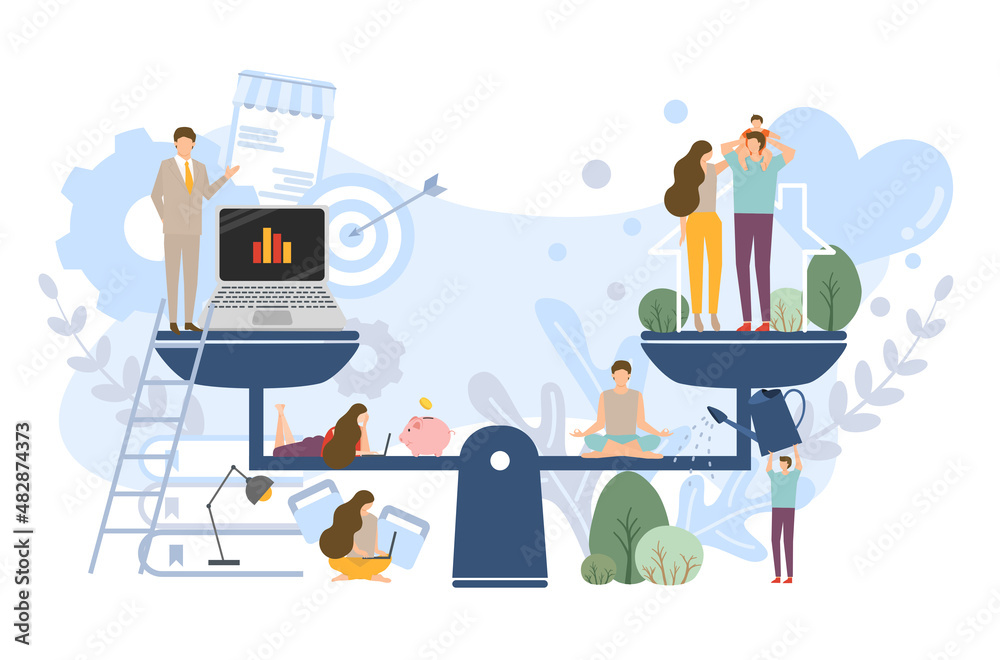 Flat design of work life balance concept and work life harmony vector, business people with leisure activities, relaxing lifestyle management vector, overwhelm business people with business tools.